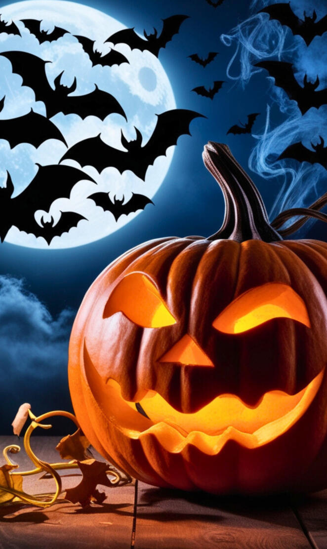 Halloween Pumpkin Moon and Bats