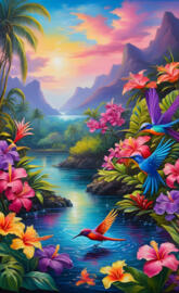 a colorful painting of a river and flowers