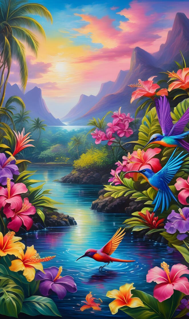 a colorful painting of a river and flowers