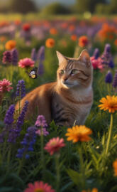 Cat is lounging in a garden filled with vibrant flowers