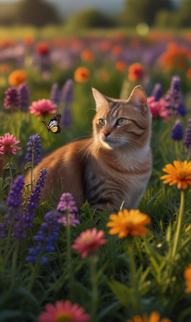 Cat is lounging in a garden filled with vibrant flowers