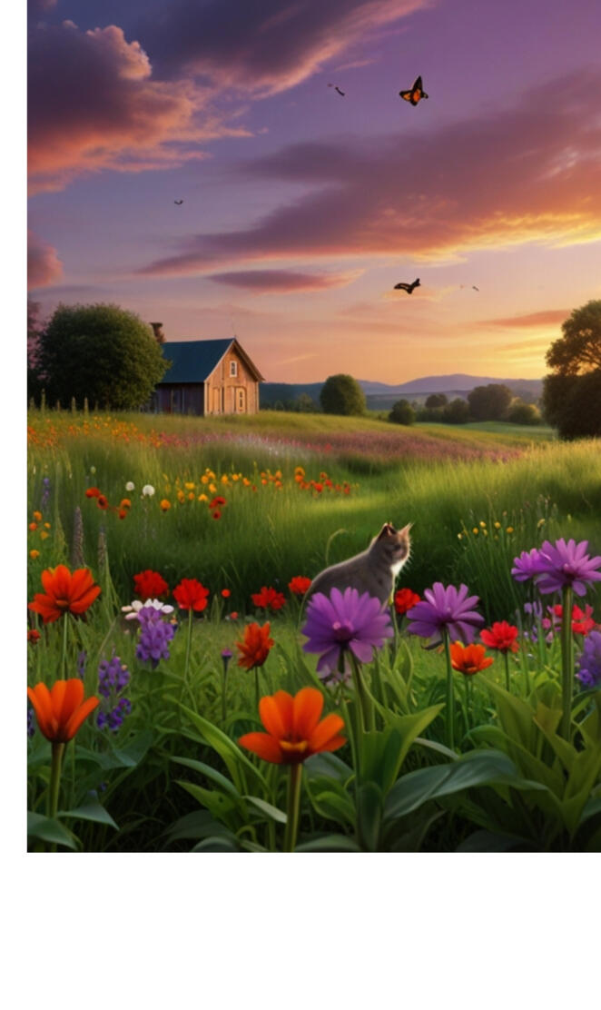 A cat is lounging in a garden filled with vibrant flowers, while a but