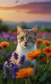 A cat is lounging in a garden filled with vibrant flowers, while
