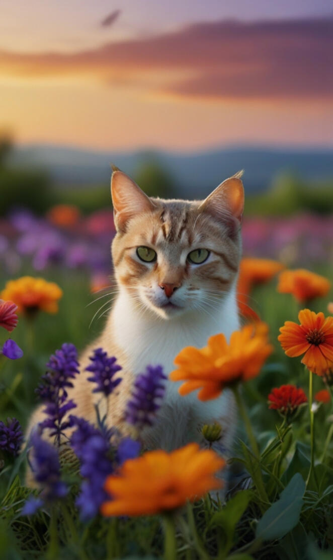 A cat is lounging in a garden filled with vibrant flowers, while