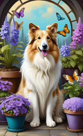 Sable Headed Rough White Collie Posing in the Flower's