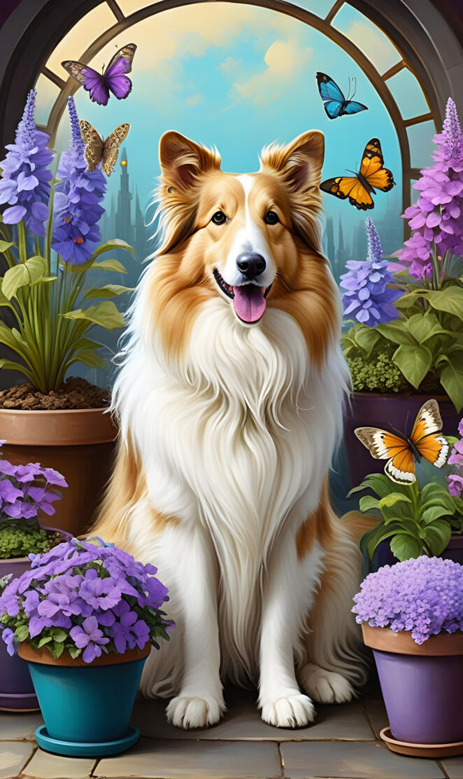 Sable Headed Rough White Collie Posing in the Flower's