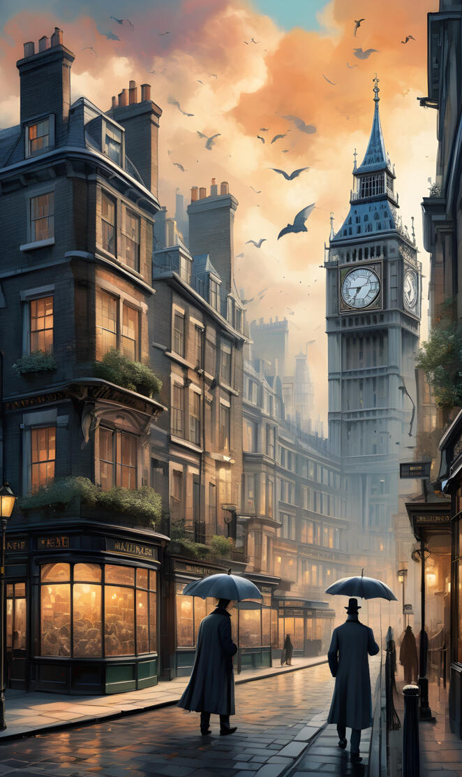 a couple of people walk down a sidewalk with umbrellas london