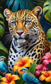 a tiger with many colorful flowers