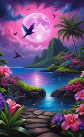 a cartoon of a tropical island with flowers and a moon