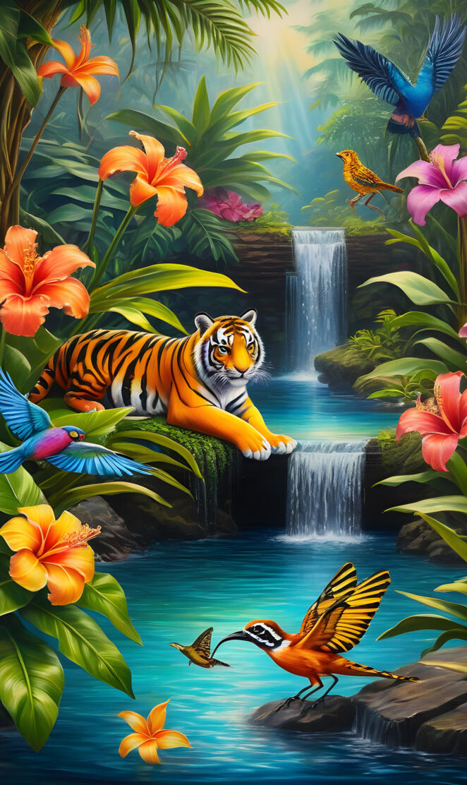 a painting of a tiger and butterflies