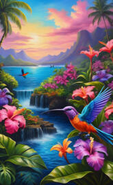 a colorful bird flying over a tropical beach