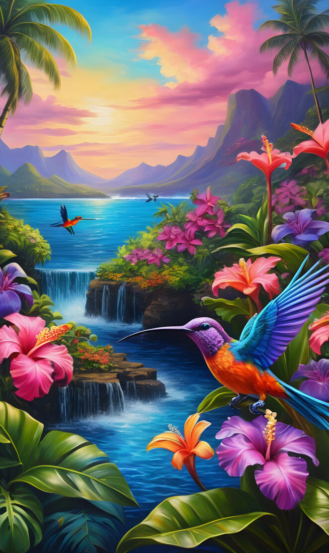 a colorful bird flying over a tropical beach