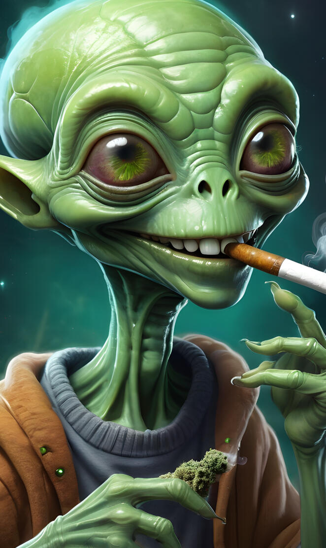 Green alien smoking marijuana bud