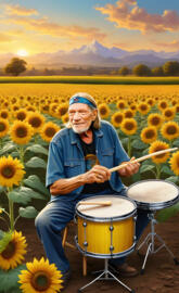 a person playing drums in a field of sunflowers