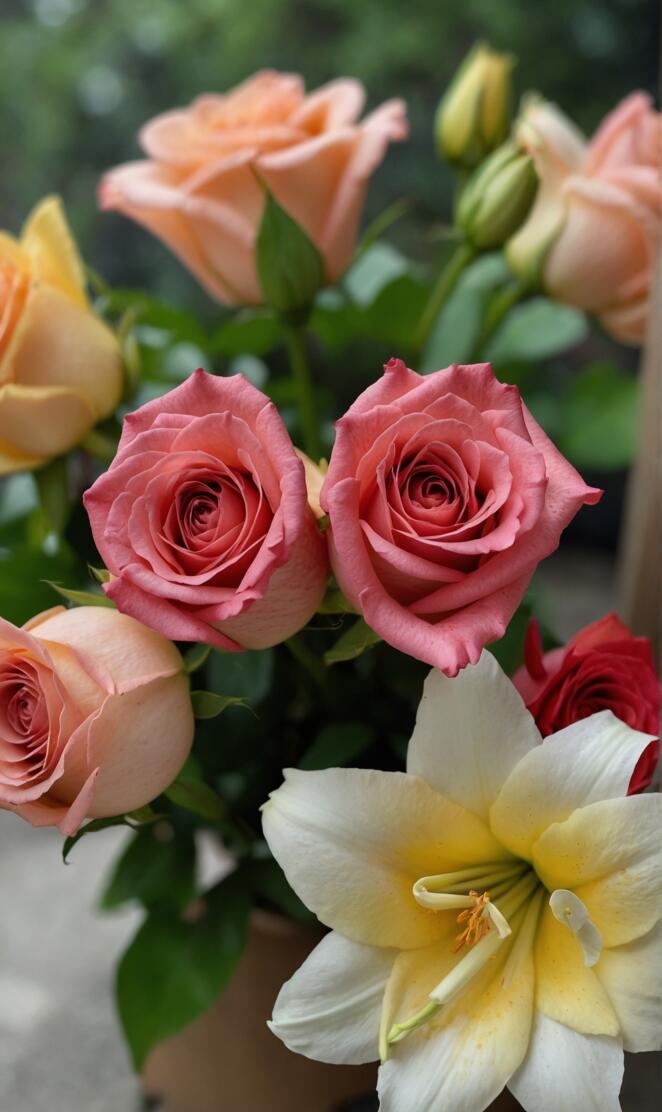 Fresh roses and lilies