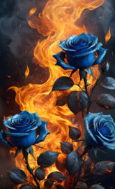 blue rose buds and fire