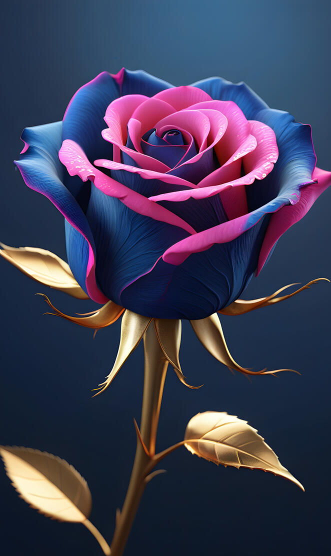 Beautiful 3D rose colored in blue n neon pink with gold paint