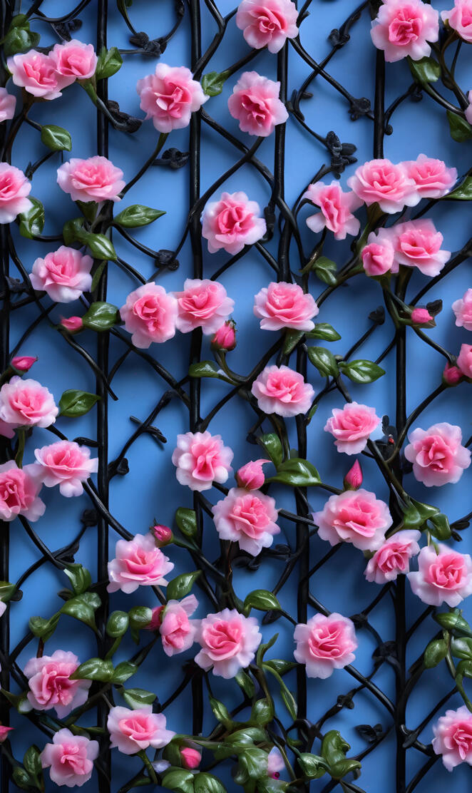 tiny pink flowers on wrought iron trellis on blue background 24