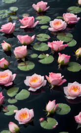a pond with many pink flowers