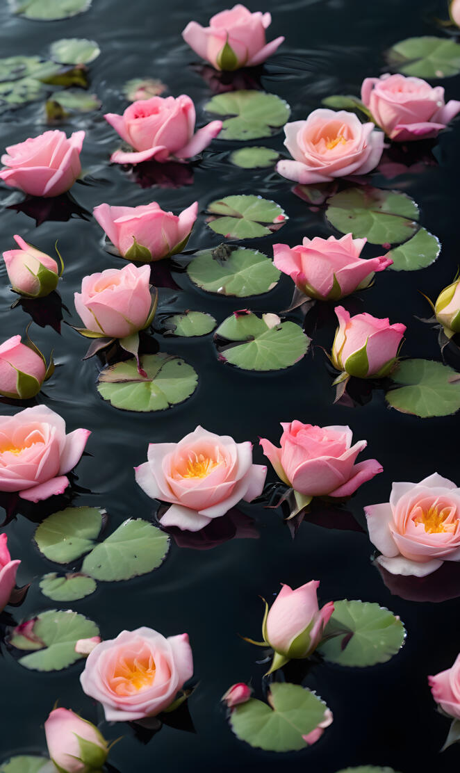 a pond with many pink flowers