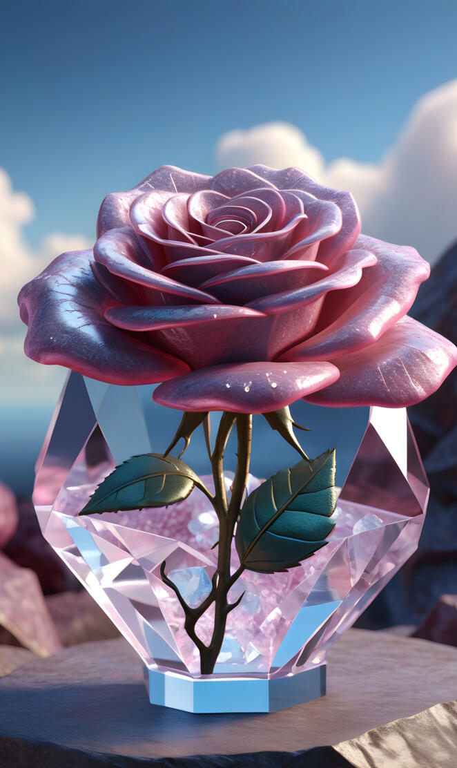 realistic ombred rose budding from crystal and quartz B