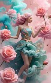 a person in a blue dress with a bunch of pink roses