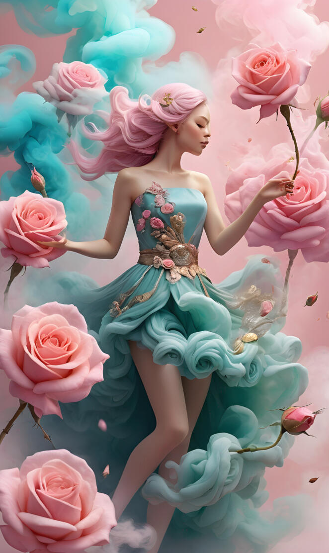a person in a blue dress with a bunch of pink roses