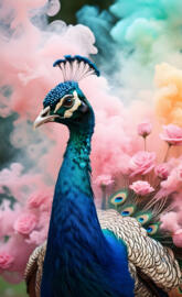 a peacock with a flower background