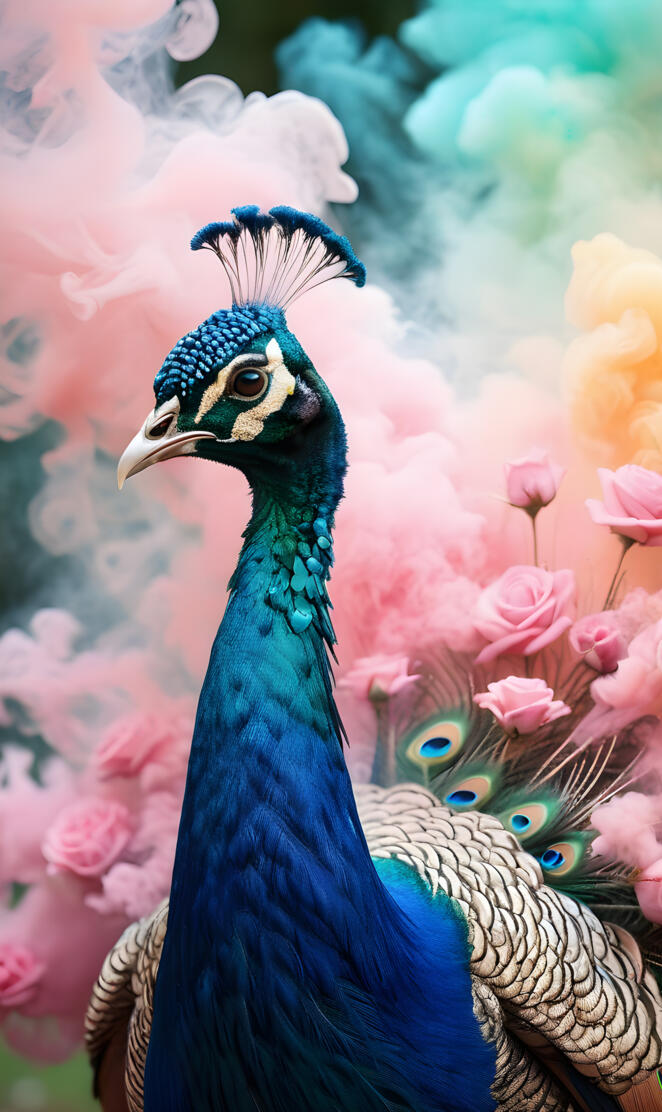 a peacock with a flower background