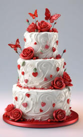a white cake with red roses