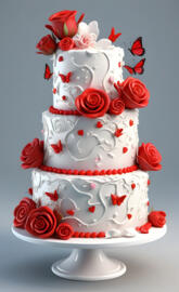 a white cake with red roses