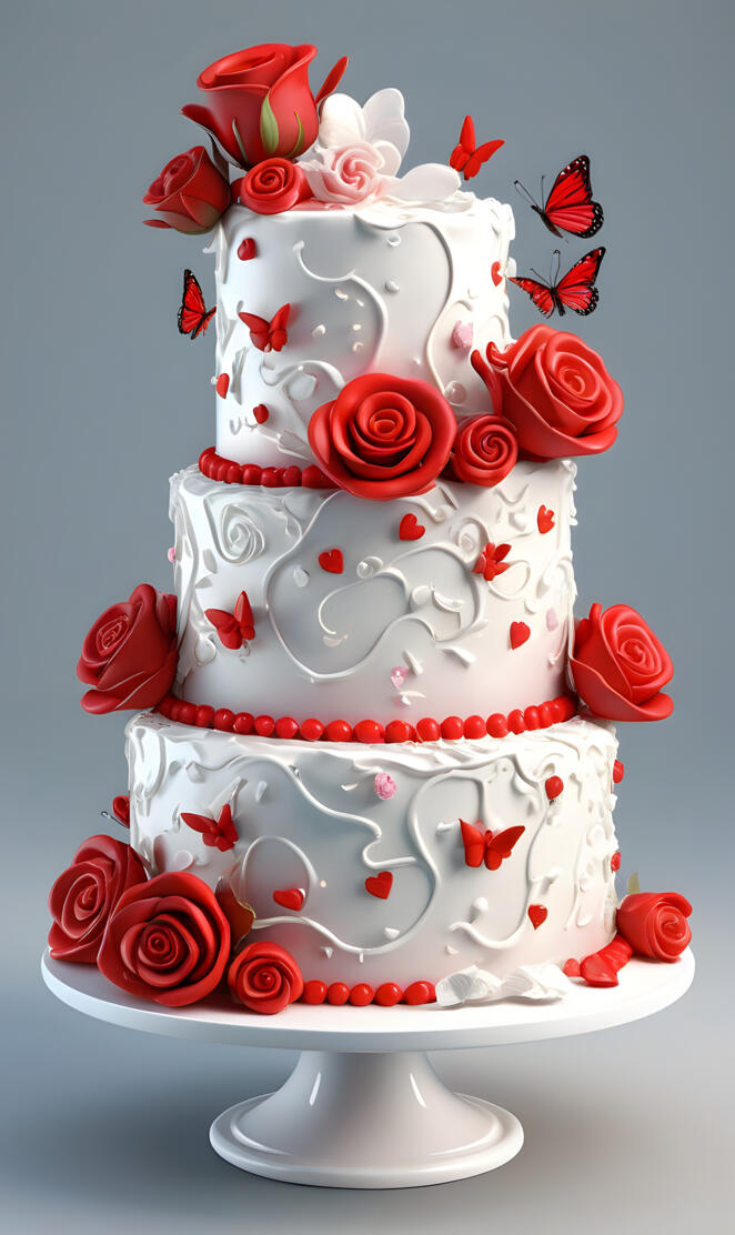 a white cake with red roses