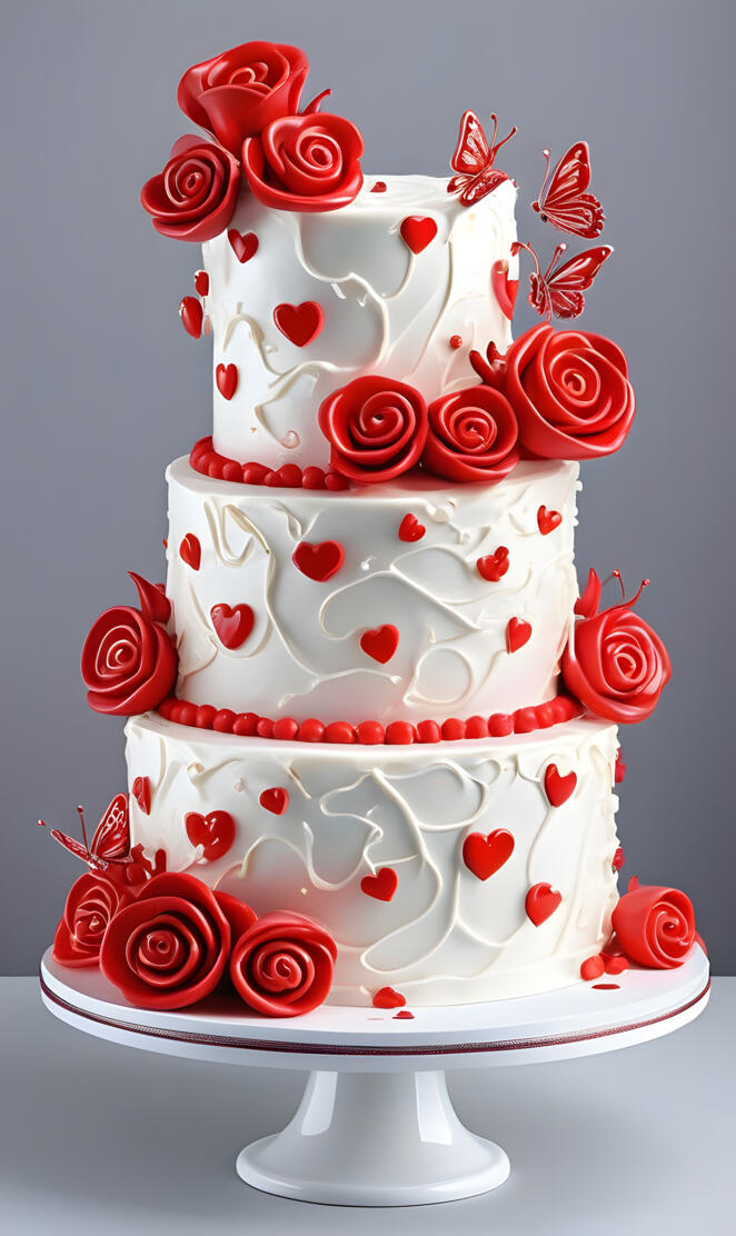 a white cake with red roses