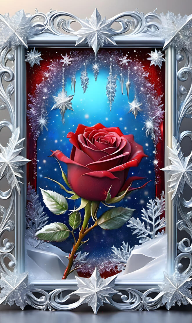 gorgeous red rose bud in snowflake frame 🎶🐦🇺🇸