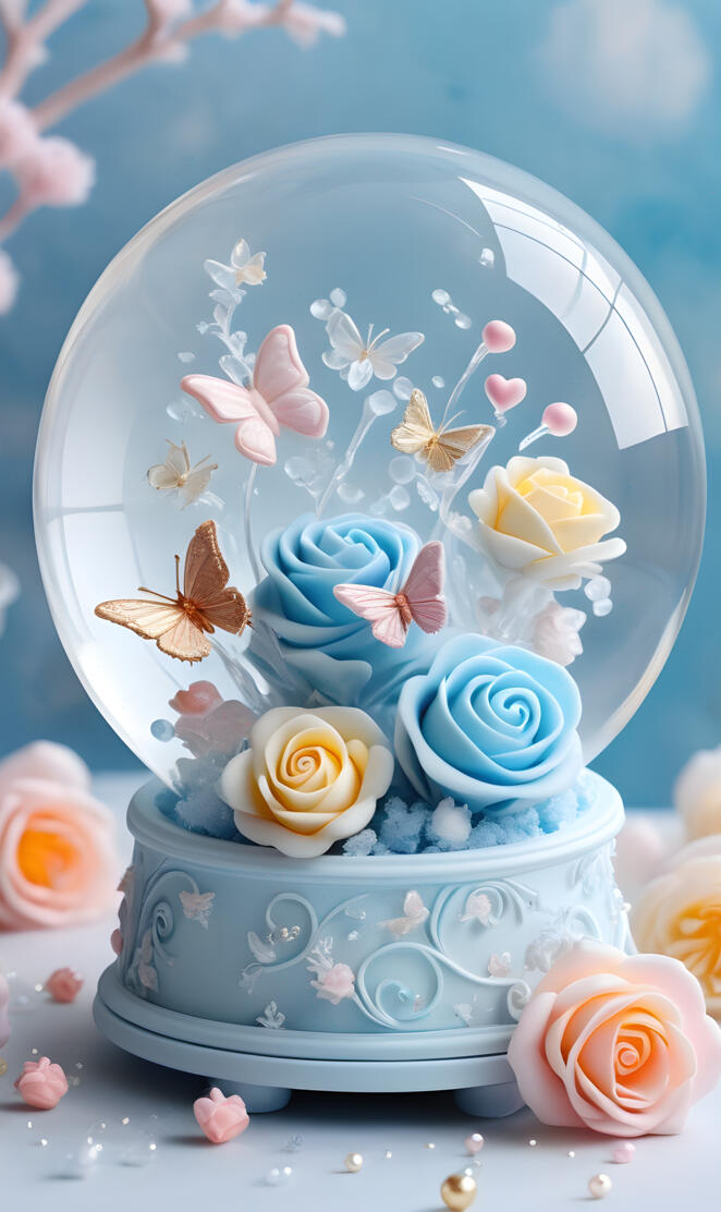 a blue and white cupcake with flowers on top