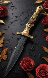 a knife and roses on a table