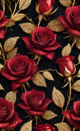 red glittery roses with gold leaves on black by SongbirdUSA