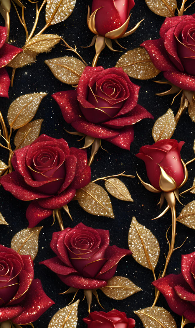 red glittery roses with gold leaves on black by SongbirdUSA