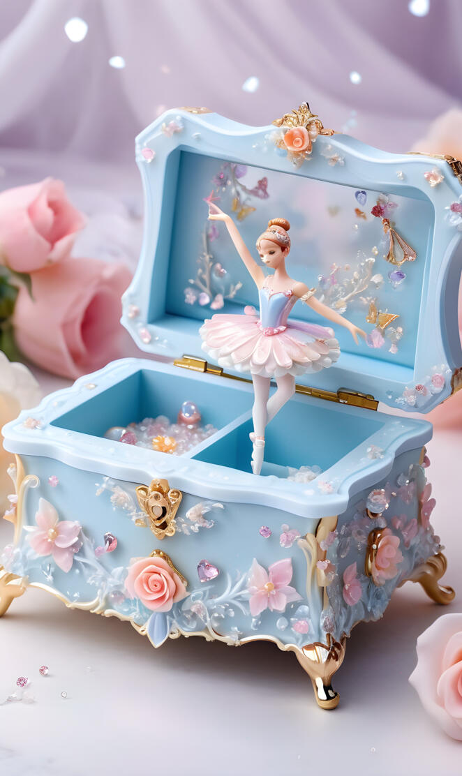 a jewelry box with a couple of figurines on top