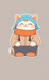 minimalist sticker illustration of the cutest happy cat wearing winter