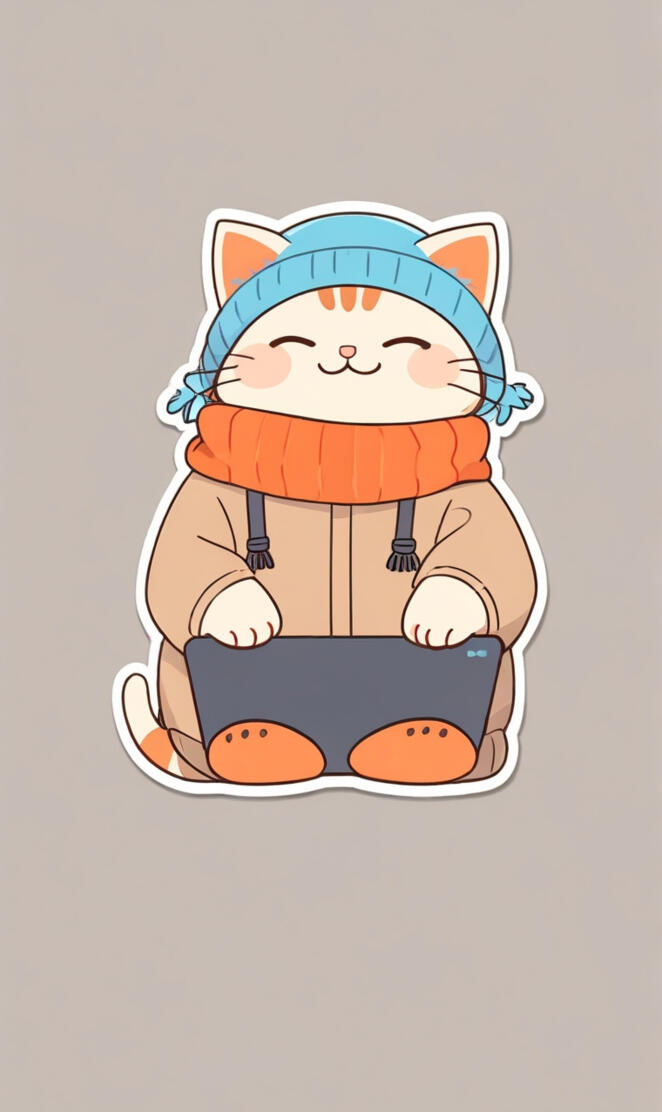 minimalist sticker illustration of the cutest happy cat wearing winter