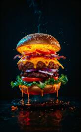 Big burger on black background, all ingredients are in focus including