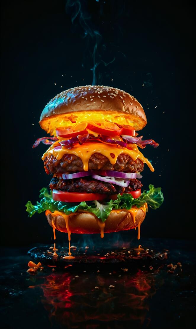 Big burger on black background, all ingredients are in focus including