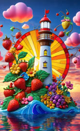 a colorful castle with a tower and fruit floating in the air