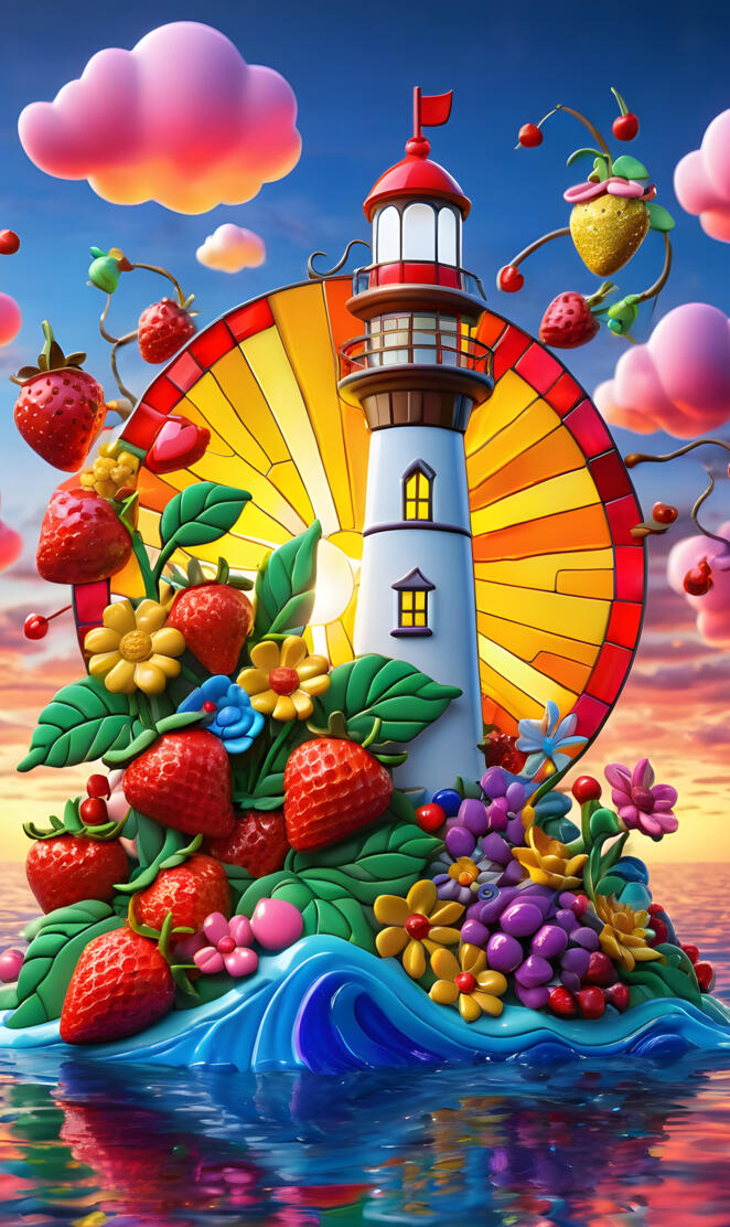 a colorful castle with a tower and fruit floating in the air