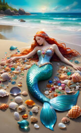 a mermaid lying on a beach