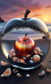 a glass apple filled with exotic shells beach and sunset insanely deta