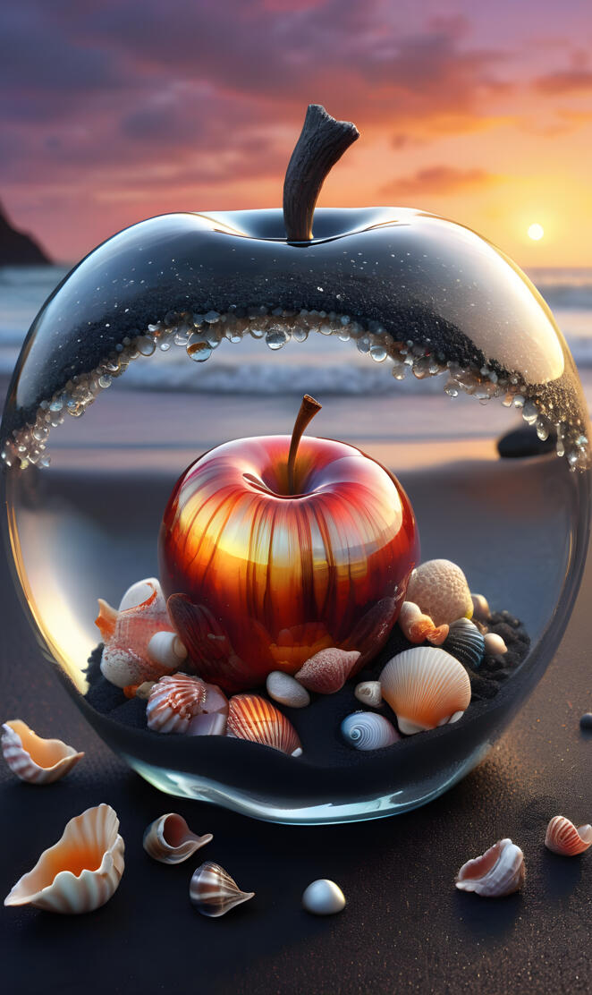 a glass apple filled with exotic shells beach and sunset insanely deta
