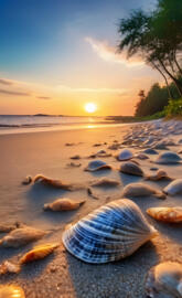 Sand beach sunset with sea shells