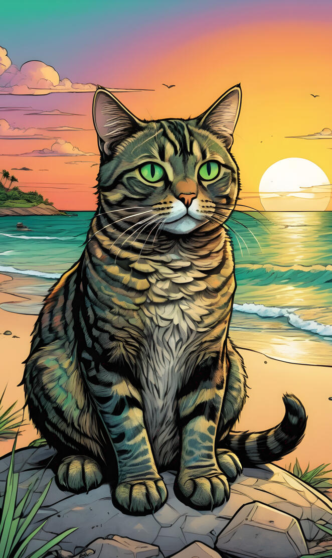 Brown tabby cat tortoise shell sunset